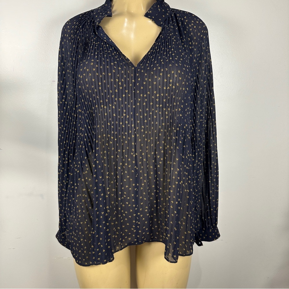 Ann Taylor Chiffon Blouse Sz M Navy Blue Pleated Loose Shirt Top